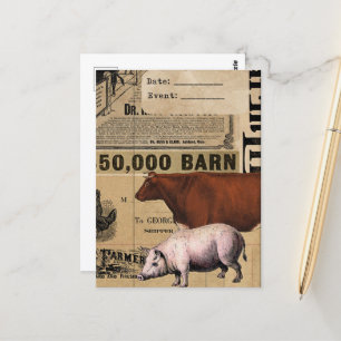 Vintage Pig and Cow Collage Postcard