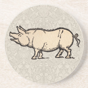 Vintage Pig Antique Piggy Illustration Coaster