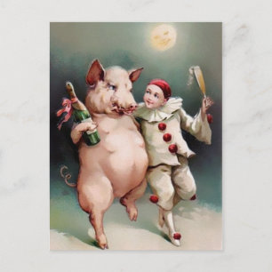 Vintage Pig Drinking New Year Postcard