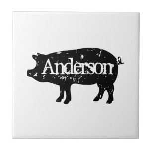 Vintage pig silhoutte custom square tile