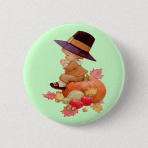 Vintage Pilgrim Boy Praying on Pumpkin 2 Inch Round Button