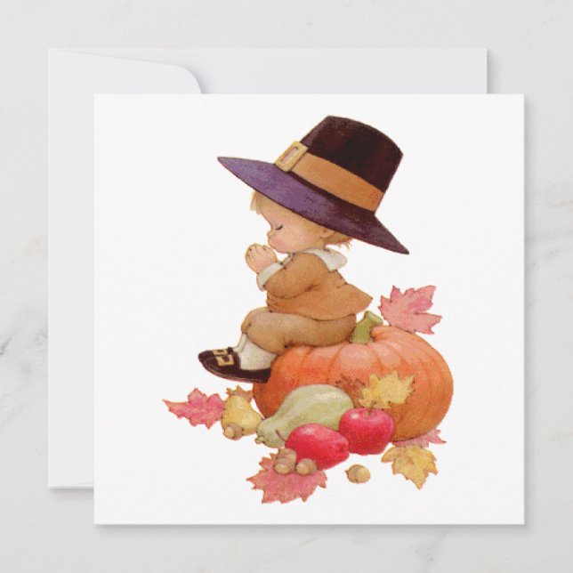 Vintage Pilgrim Boy Praying on Pumpkin Invitation (Front)