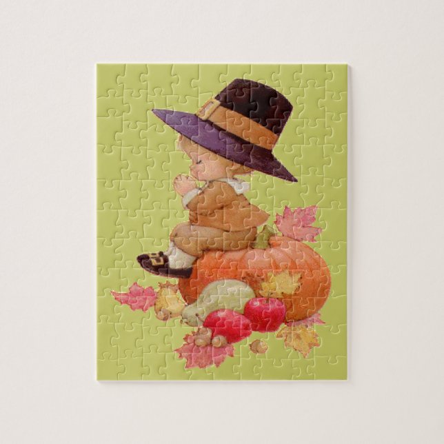 Vintage Pilgrim Boy Praying on Pumpkin Jigsaw Puzzle (Vertical)