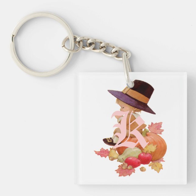 Vintage Pilgrim Boy Praying on Pumpkin Keychain (Front)