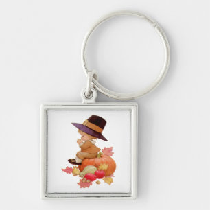 Vintage Pilgrim Boy Praying on Pumpkin Keychain