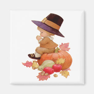 Vintage Pilgrim Boy Praying on Pumpkin Magnet