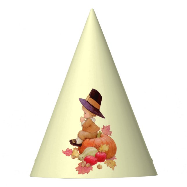 Vintage Pilgrim Boy Praying on Pumpkin Party Hat (Front)