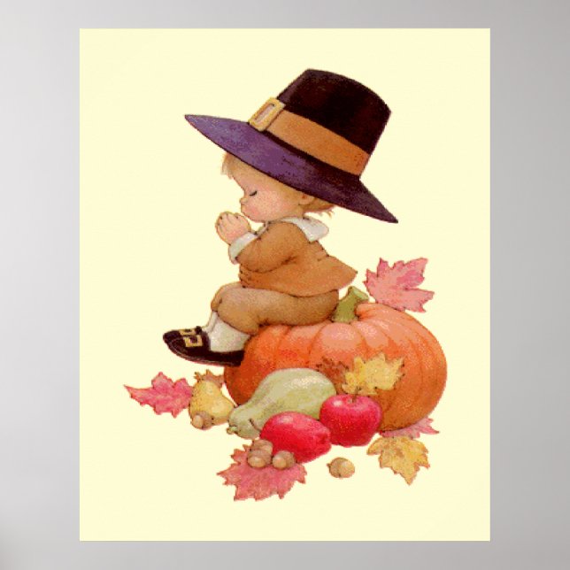 Vintage Pilgrim Boy Praying on Pumpkin Poster (Front)