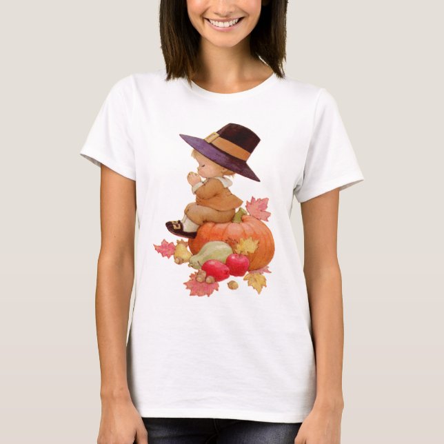 Vintage Pilgrim Boy Praying on Pumpkin T-Shirt (Front)