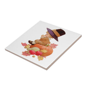 Vintage Pilgrim Boy Praying on Pumpkin Tile