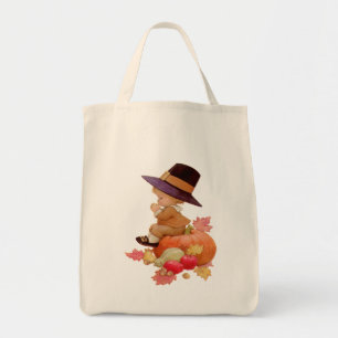 Vintage Pilgrim Boy Praying on Pumpkin Tote Bag