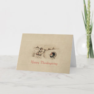 Vintage Pilgrim Girl and Turkey on Wood Background Holiday Card