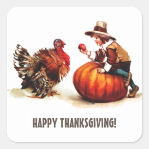 Vintage Pilgrim Kid & Turkey Thanksgiving  Square Sticker