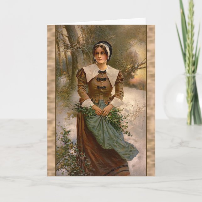 Vintage Pilgrim Woman Holiday Card (Front)