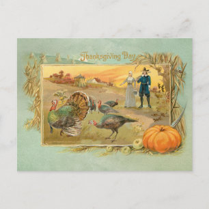 Vintage Pilgrims and Turkeys Postcard