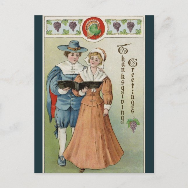 Vintage Pilgrims Sharing a Hymn Book Thanksgiving Postcard (Front)
