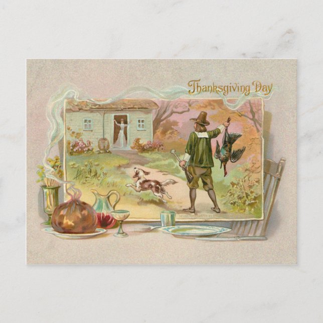 Vintage Pilgrims with Thanksgiving Dinner Holiday Postcard (Front)