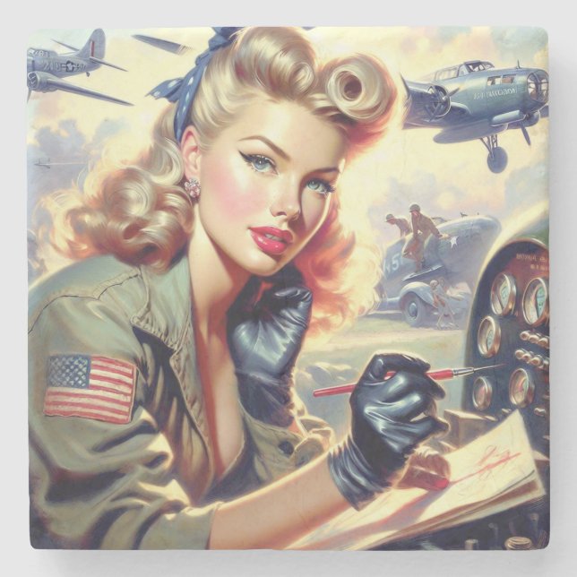 Vintage Pilot Pin Up Stone Coaster (Front)