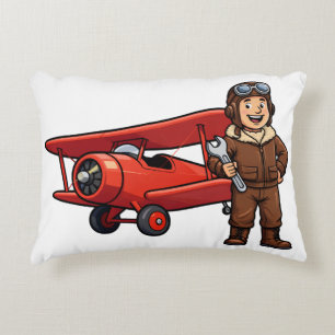 Vintage Pilot with Red Biplane Cartoon Art Accent Pillow
