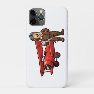 Vintage Pilot with Red Biplane Cartoon Art iPhone 11 Pro Case