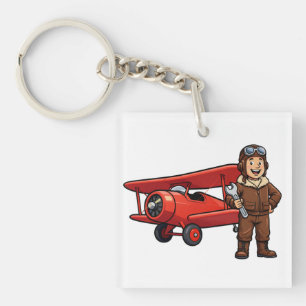 Vintage Pilot with Red Biplane Cartoon Art Keychain