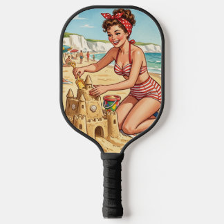 Vintage Pin Up Girl Making Sandcastle Pickleball Paddle