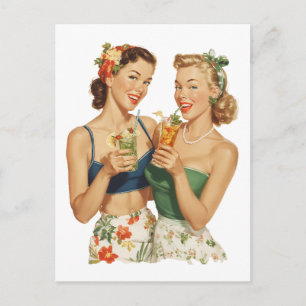 Vintage Pin-Up Summer Cocktail Friends Postcard