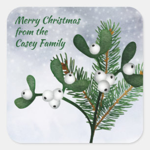 Vintage Pine Bough and Mistletoe Merry Christmas Square Sticker