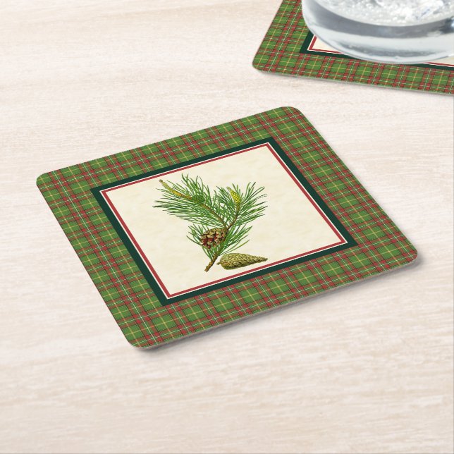 Vintage Pine Christmas Plaid Square Paper Coaster (Angled)