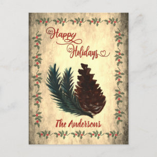 Vintage pine cone Red calligraphy Happy Holidays  Holiday Postcard