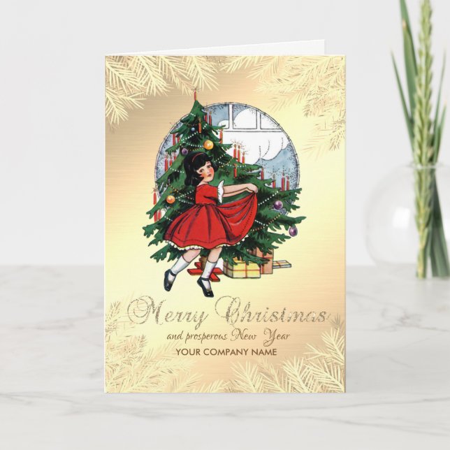 Vintage Pine Tree,Little Girl Holiday Card (Front)