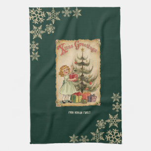 Vintage Pine Tree Little Girls Presents Snowflakes Kitchen Towel