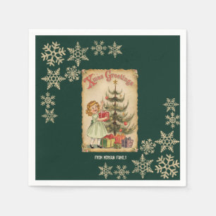 Vintage Pine Tree Little Girls Presents Snowflakes Napkin