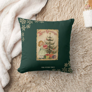 Vintage Pine Tree Little Girls Presents Snowflakes Throw Pillow