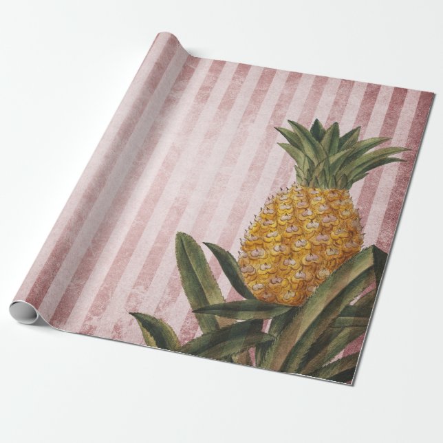 Vintage Pineapple and Pink Stripes Wrapping Paper (Unrolled)