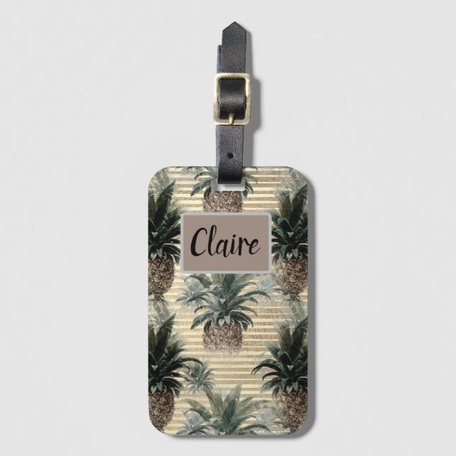 Vintage Pineapple on Gold Foil Striped  Luggage Tag (Front Vertical)