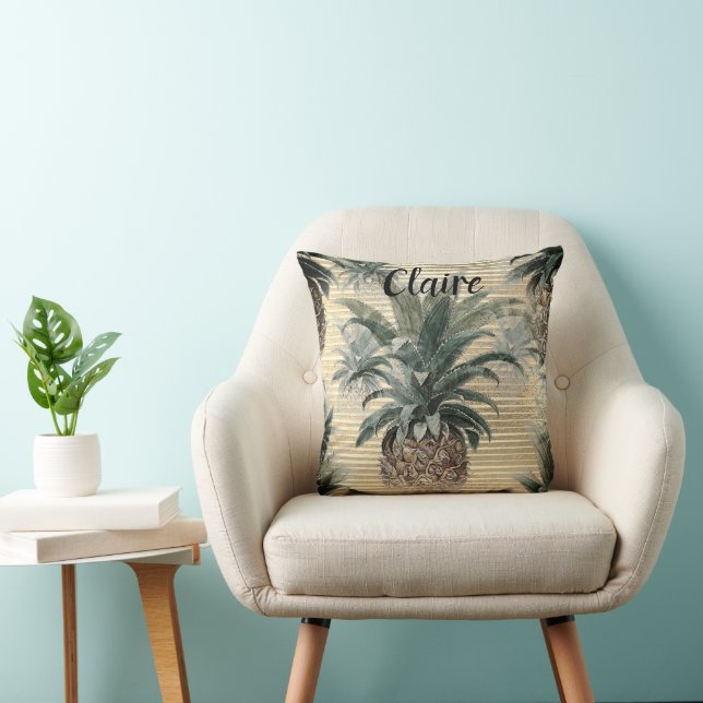 Vintage Pineapple on Gold Foil Striped Throw Pillow (Chair)