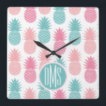Vintage Pineapple Pattern | Monogram Square Wall Clock<br><div class="desc">Tropical Fruit | Multicolor pineapple pattern.  © and ® Bigstock® - All Rights Reserved.</div>