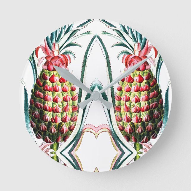Vintage pineapple tropical fruit illustration round clock (Front)