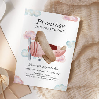 Vintage Pink Airplane Pilot Aviation Birthday Invitation