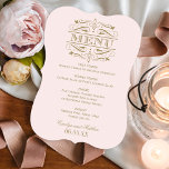 Vintage Pink and Antique Gold Flourish Wedding Menu<br><div class="desc">Elegant and formal wedding dinner menu cards feature decorative swirls and flourishes that frame the vintage inspired design. Pale pastel pink and antique gold colours. Personalize with the bride and groom names,  event date,  and menu details.</div>