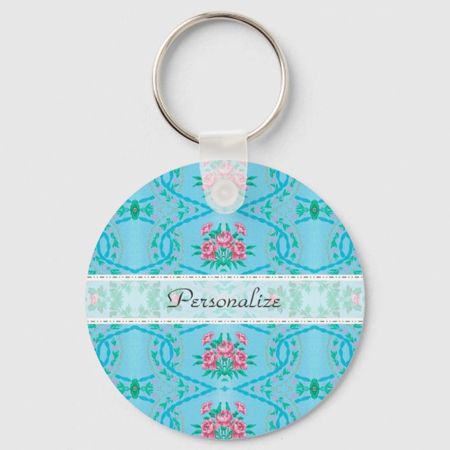 Vintage Pink and Blue Wallpaper With Name Keychain (Front)