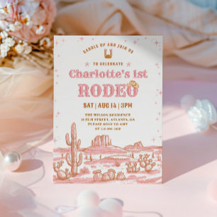Vintage Pink and Brown Girl 1st Rodeo Birthday Invitation