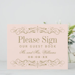 Vintage Pink and Gold Scrollwork Guest Book Sign