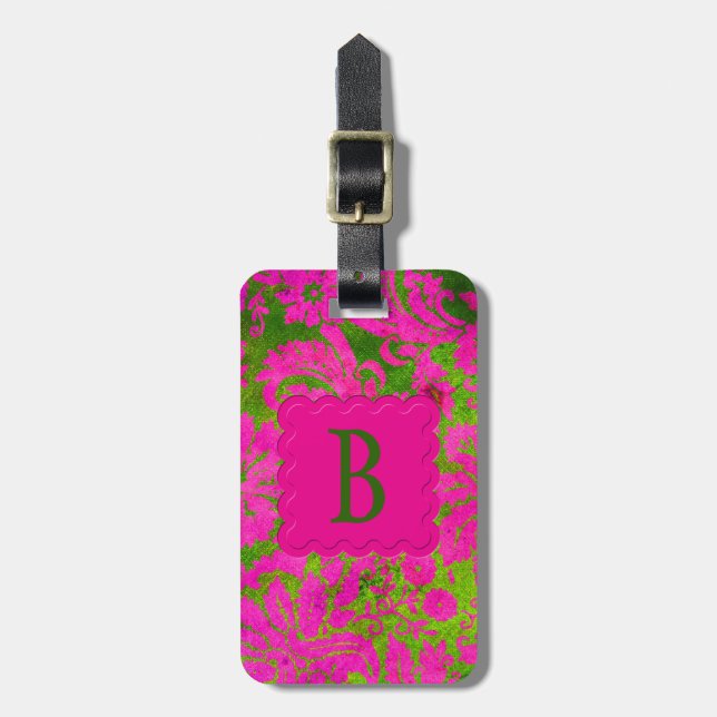 Vintage Pink and Green Damask Luggage Tag (Front Vertical)