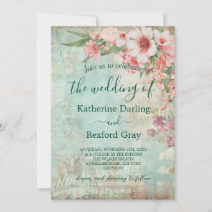 Vintage Pink and Green Photo  QR Code Wedding Invitation