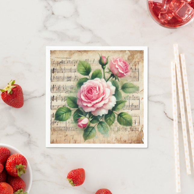 Vintage Pink and Green Watercolour Roses Découpage Napkin (Insitu)
