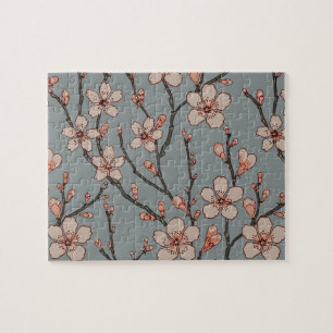 Vintage Pink and Grey Blossom Pattern Jigsaw Puzzle