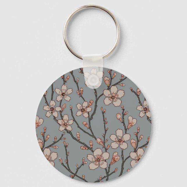 Vintage Pink and Grey Blossom Pattern Keychain (Front)