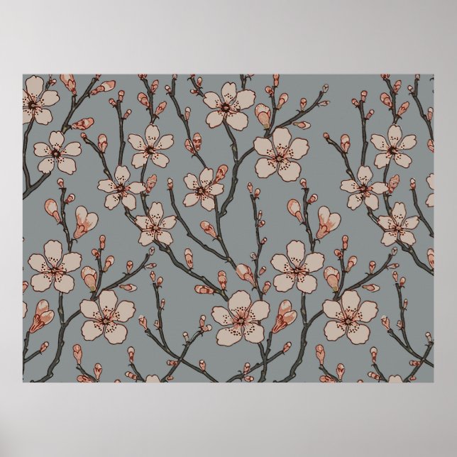 Vintage Pink and Grey Blossom Pattern Poster (Front)